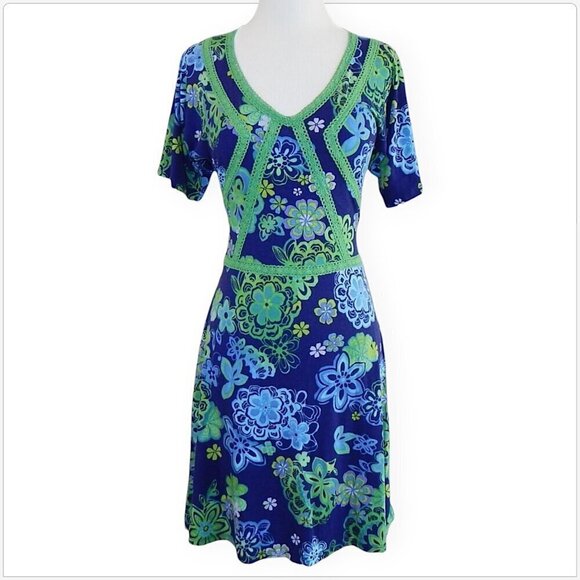 KOTON Blue and Green Floral Lace Trim Kimono Sleeve Tie Back Summer Dress UK S - Picture 1 of 4